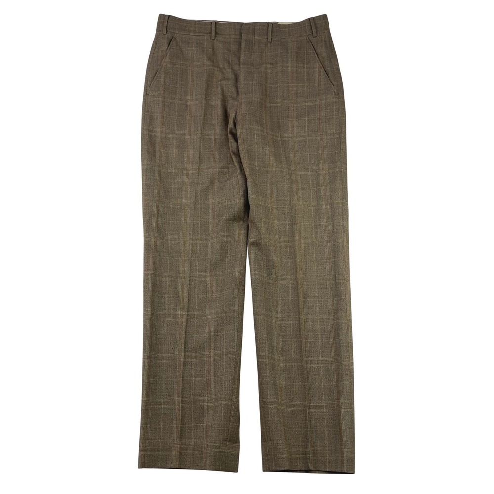 Vintage 60s Plaid Dress Pants Mens 35x31 Brown Glen Check Flat Front Trousers